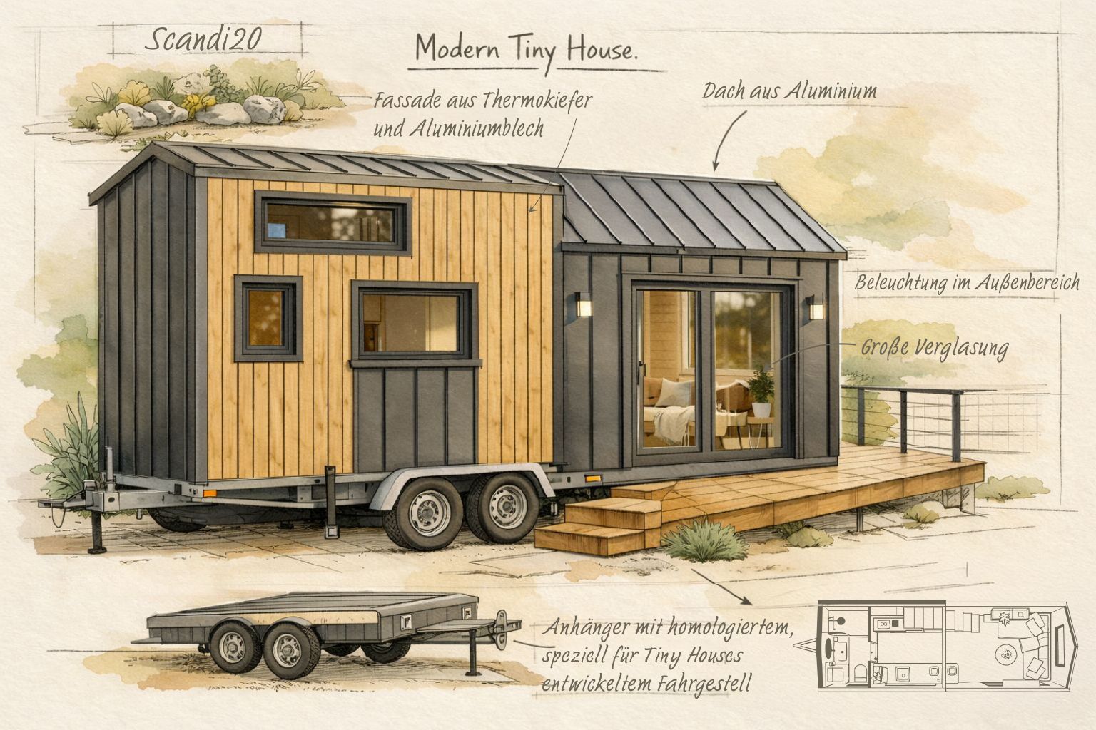 Scandi20 Tiny House – Konstruktionszeichnung mit Detailbeschriftung